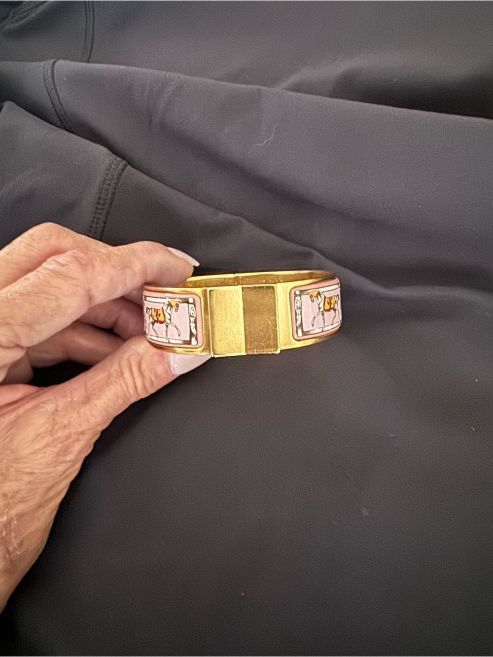 Hermes Gold-Tone Cuff Bracelet with Pink Enamel Panels